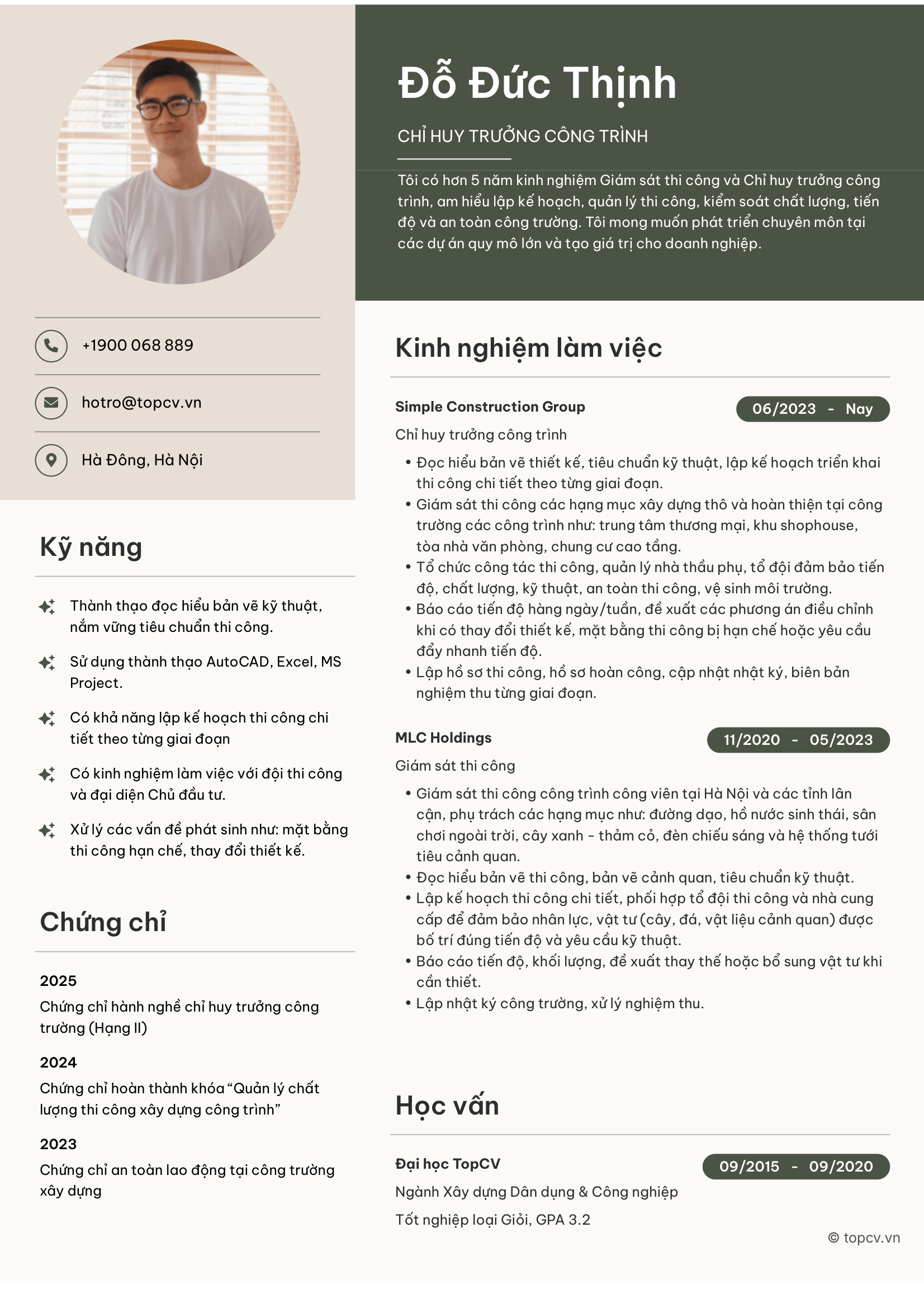 CV Chỉ huy trưởng công trình chuyên nghiệp